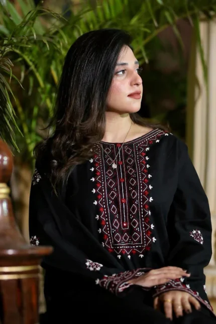 Black Luxe – 2PC Embroidered Suit | Premium Stone Linen